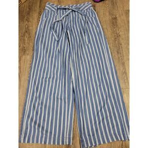 American Eagle Wide Leg Pant Blue White Striped Belted Fitted Waist 2R